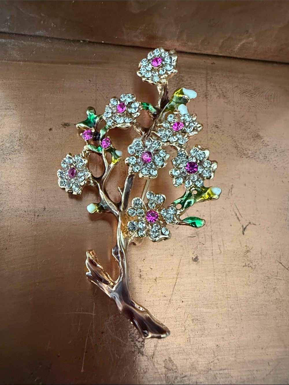 Gold-Tone Floral Crystal Brooch with Pink Accents